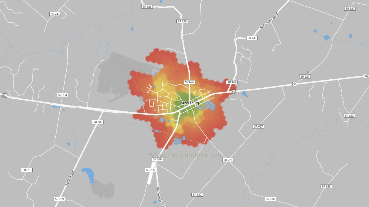 Walk Grade map of 20118, VA, walkable areas in green and car-dependent areas in red