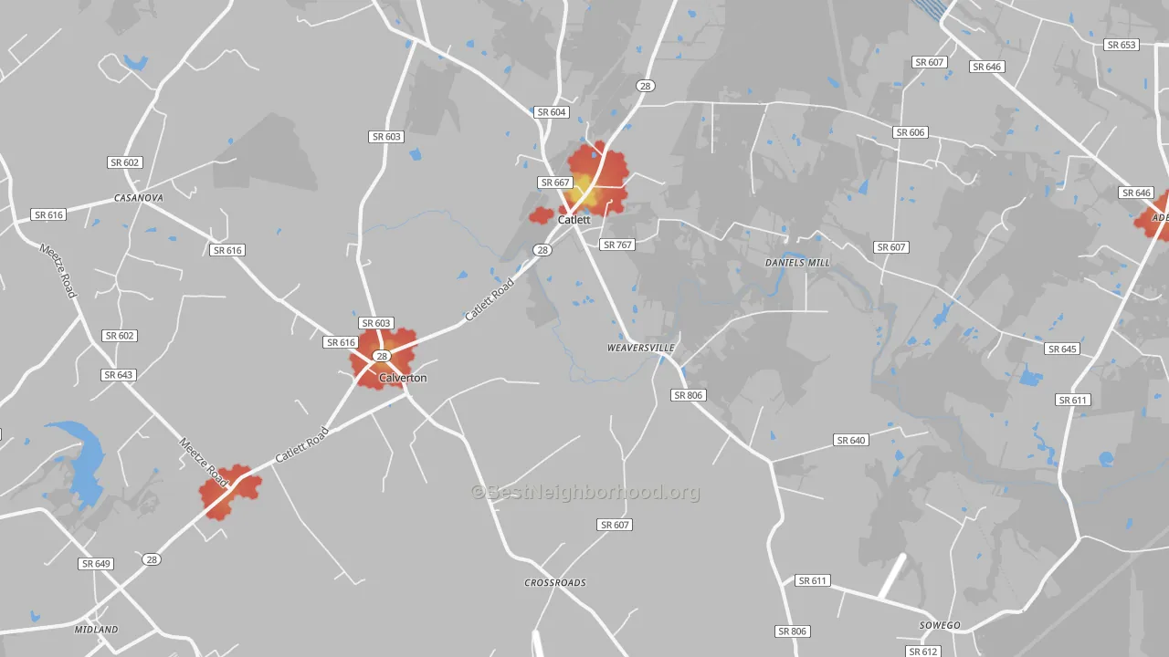 Walk Grade map of 20119, VA, walkable areas in green and car-dependent areas in red