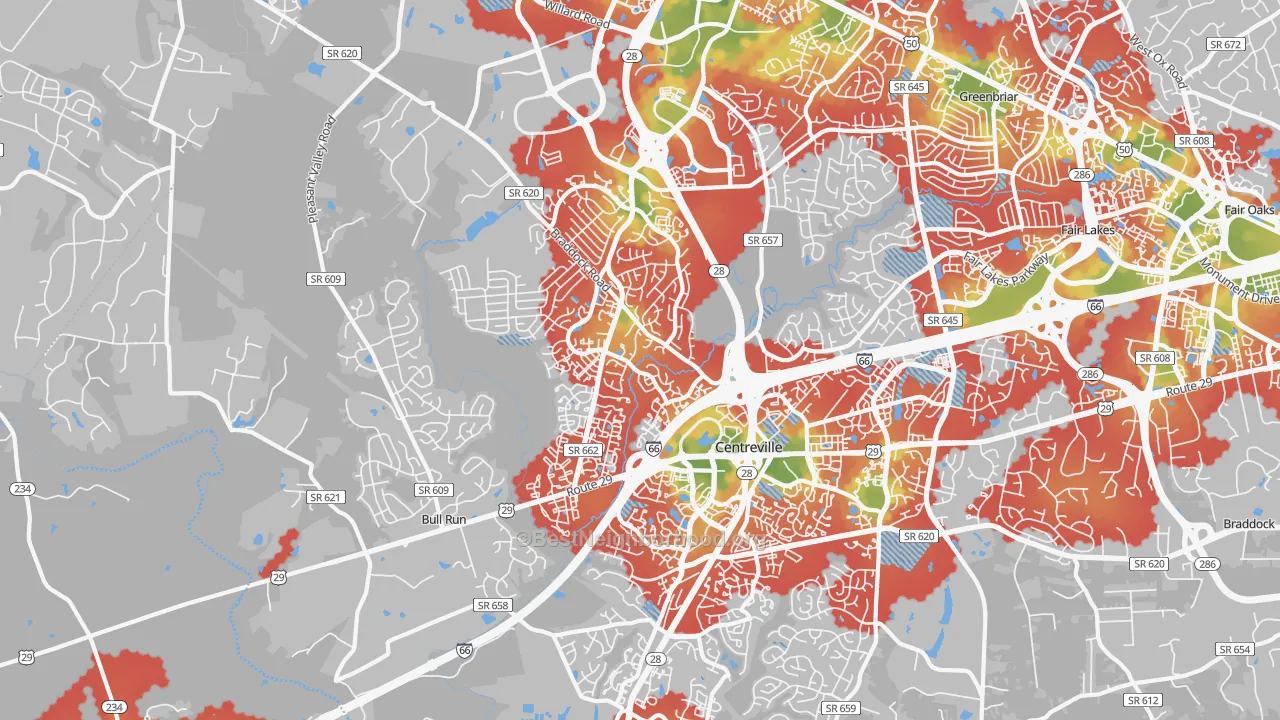 Walk Grade map of 20120, VA, walkable areas in green and car-dependent areas in red
