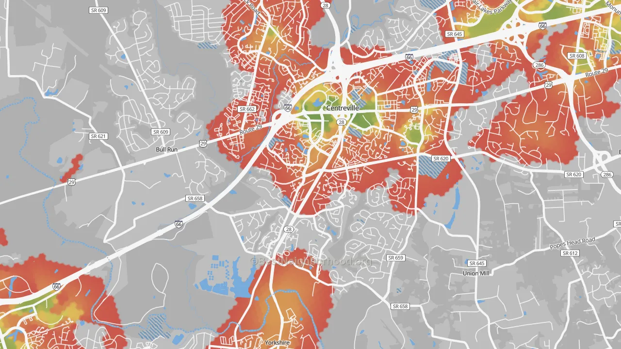 Walk Grade map of 20121, VA, walkable areas in green and car-dependent areas in red