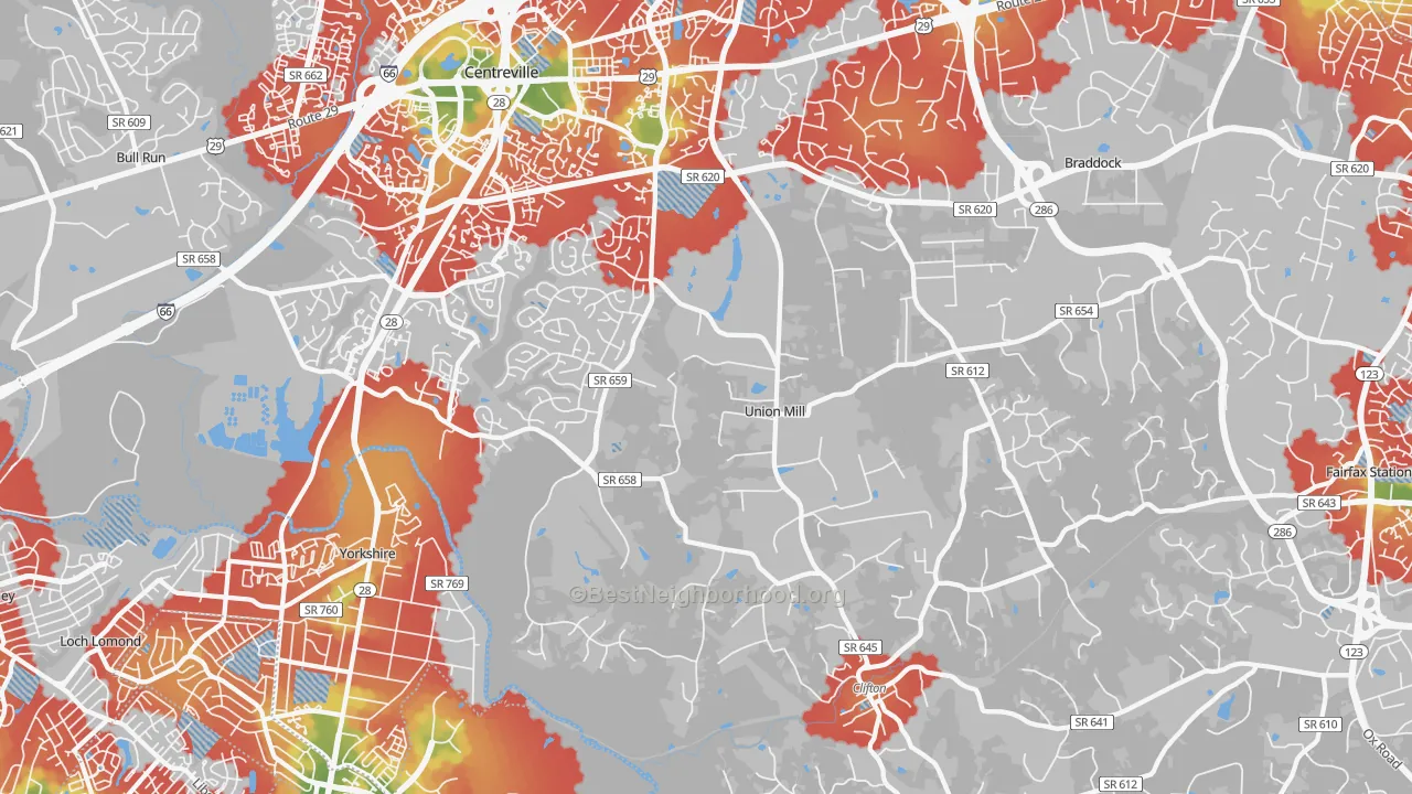 Walk Grade map of 20124, VA, walkable areas in green and car-dependent areas in red