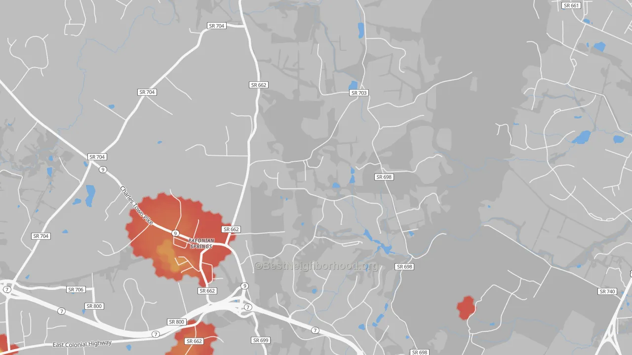 Walk Grade map of 20129, VA, walkable areas in green and car-dependent areas in red