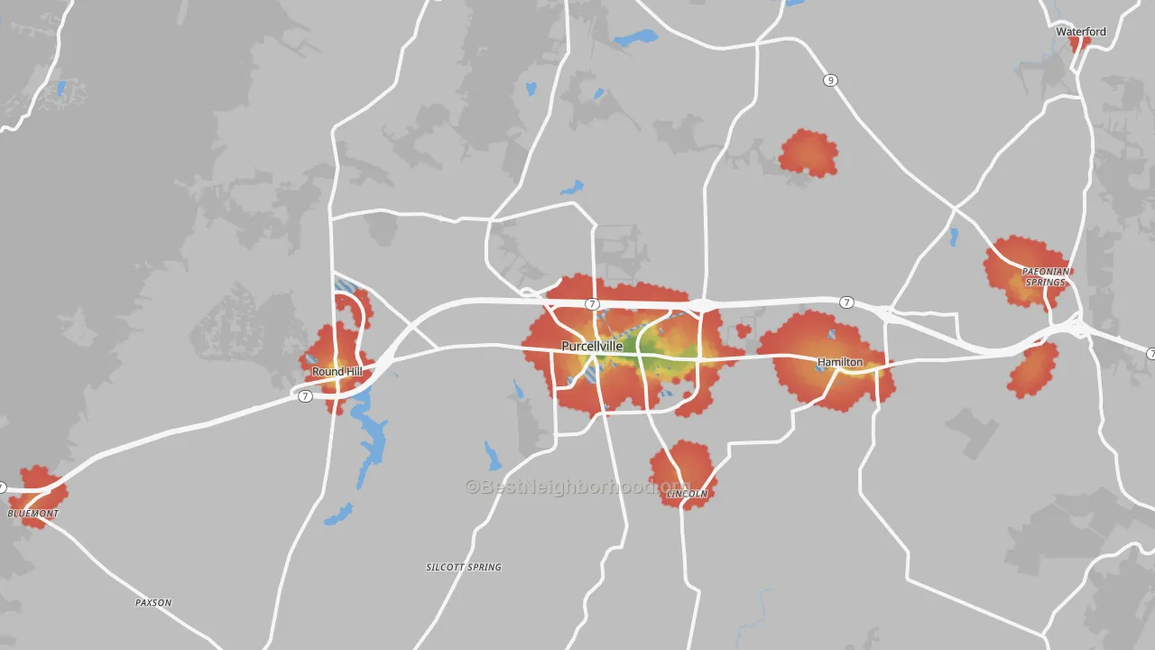 Walk Grade map of 20132, VA, walkable areas in green and car-dependent areas in red