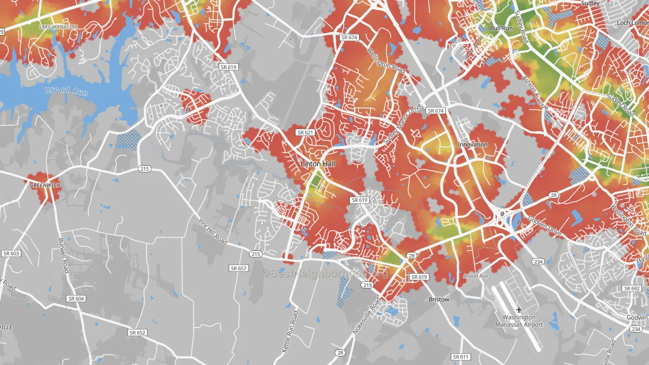 Walk Grade map of 20136, VA, walkable areas in green and car-dependent areas in red