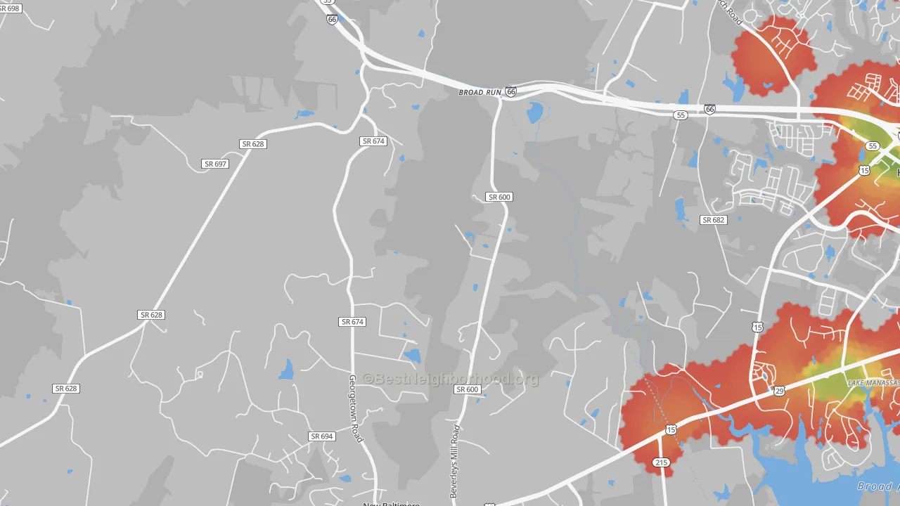 Walk Grade map of 20137, VA, walkable areas in green and car-dependent areas in red