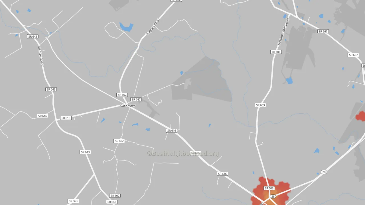 Walk Grade map of 20139, VA, walkable areas in green and car-dependent areas in red