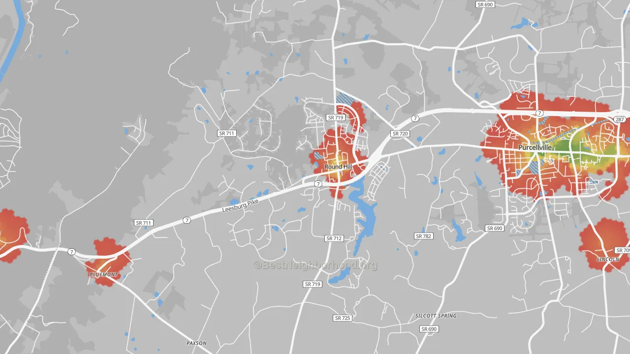 Walk Grade map of 20141, VA, walkable areas in green and car-dependent areas in red