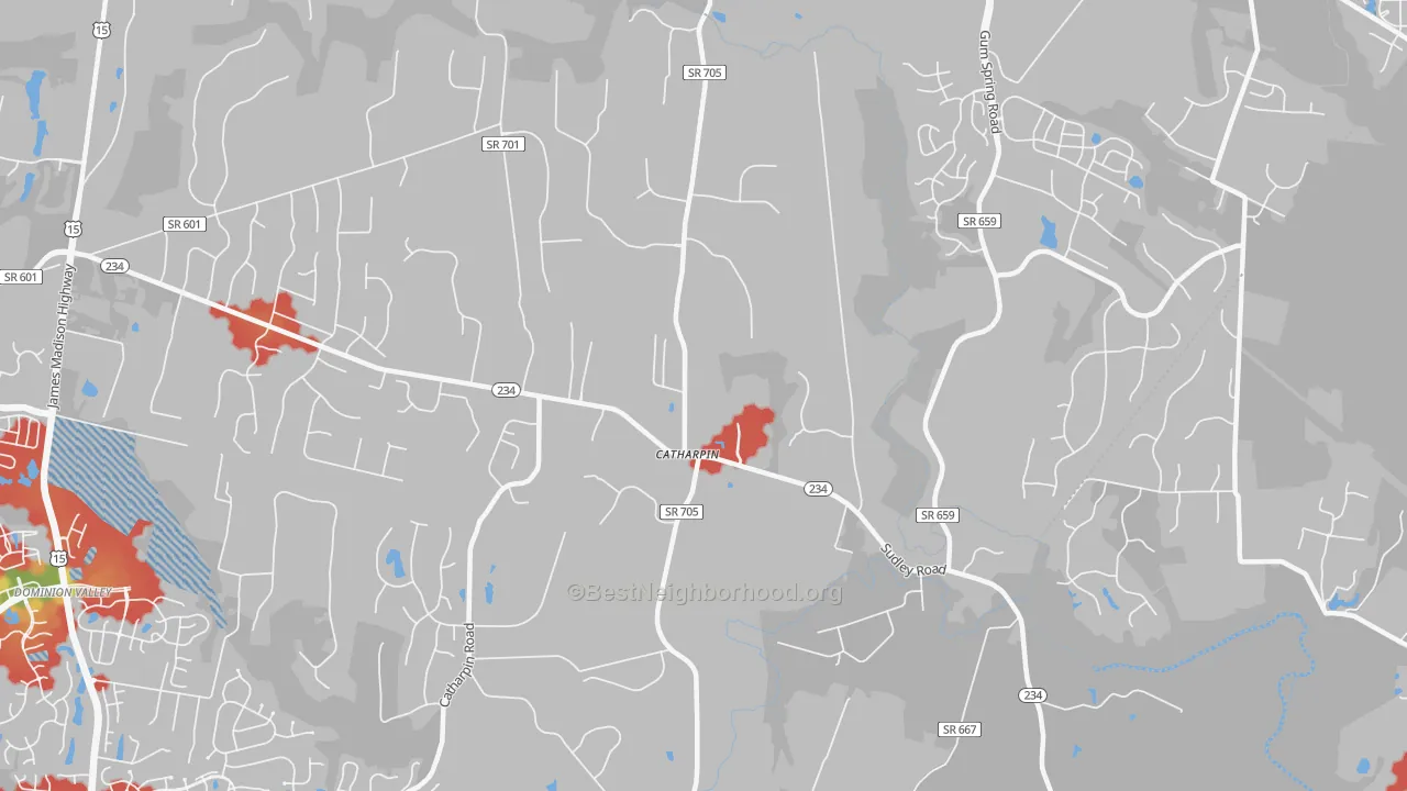 Walk Grade map of 20143, VA, walkable areas in green and car-dependent areas in red