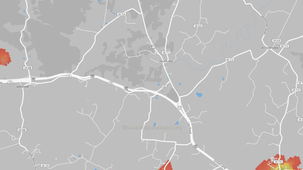 Walk Grade map of 20144, VA, walkable areas in green and car-dependent areas in red