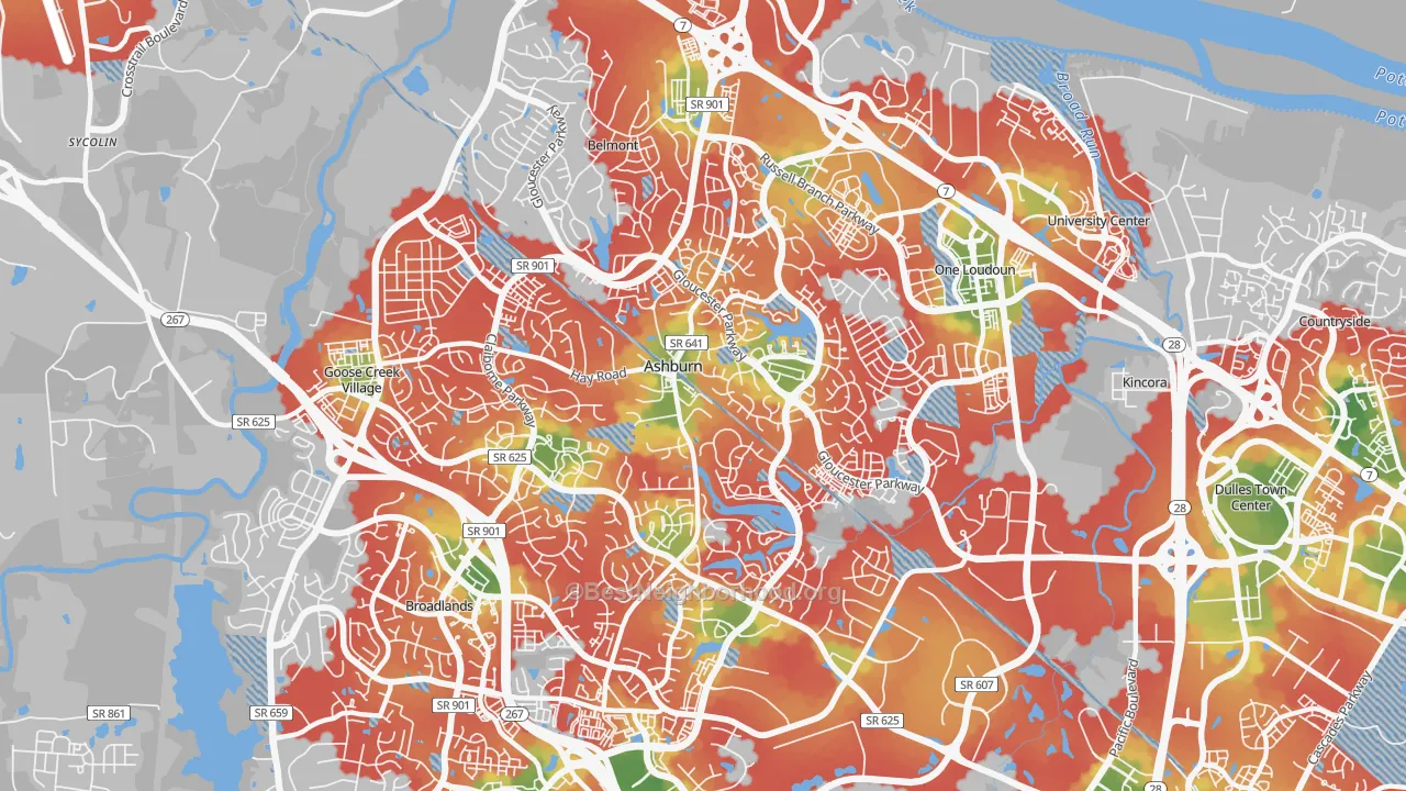 Walk Grade map of 20147, VA, walkable areas in green and car-dependent areas in red