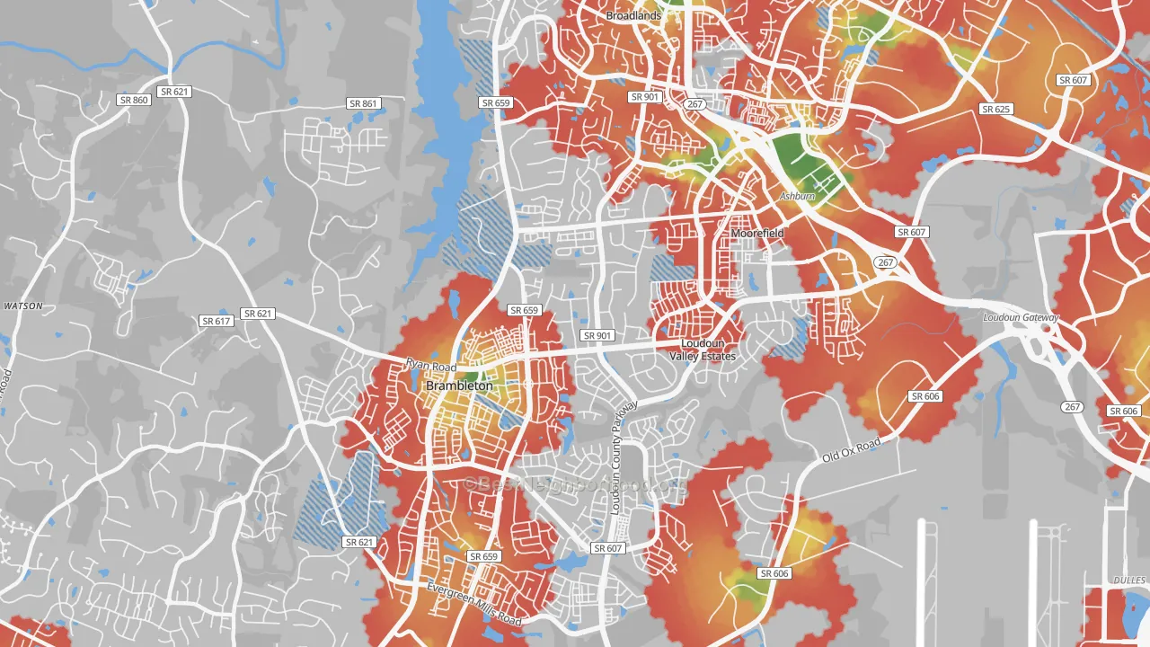 Walk Grade map of 20148, VA, walkable areas in green and car-dependent areas in red