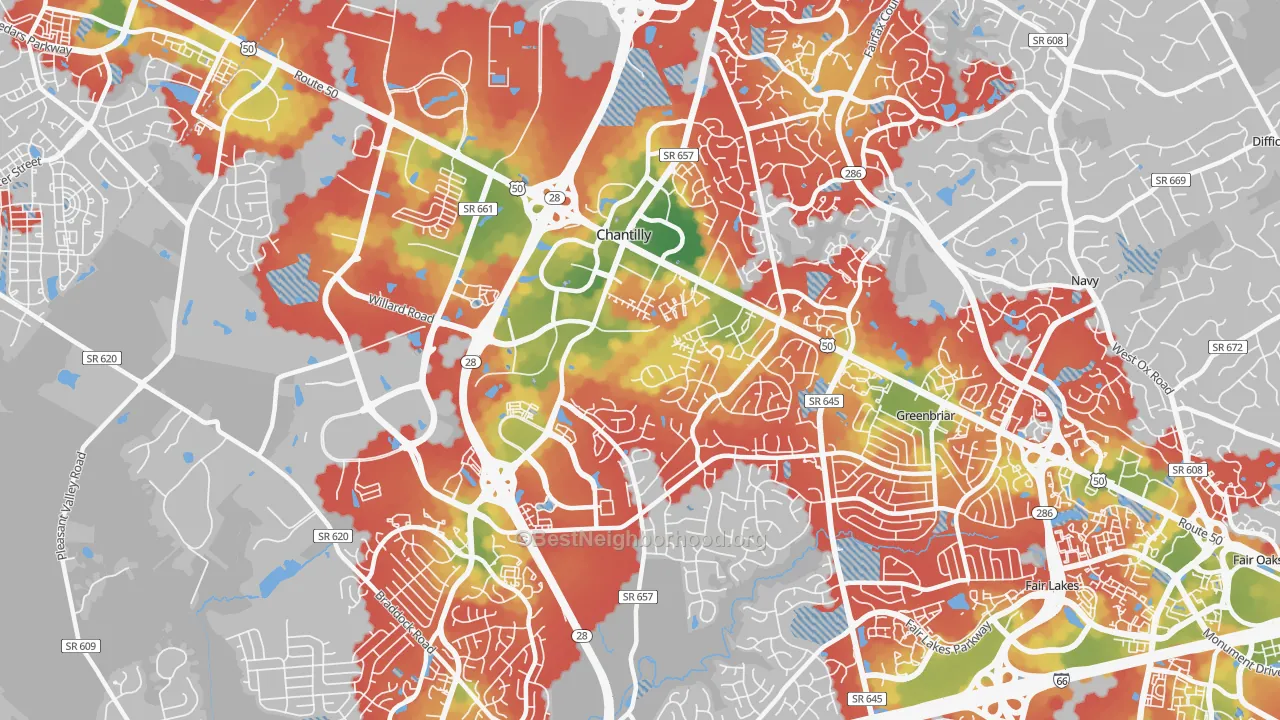 Walk Grade map of 20151, VA, walkable areas in green and car-dependent areas in red