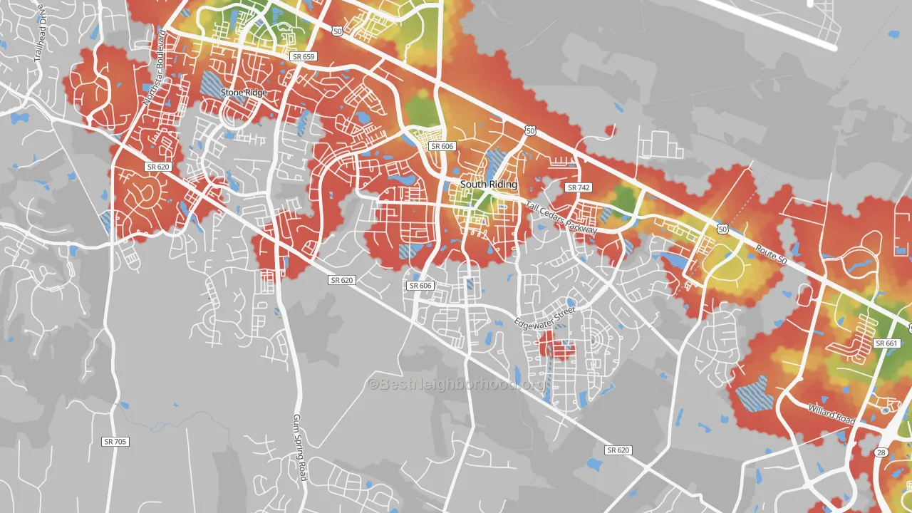 Walk Grade map of 20152, VA, walkable areas in green and car-dependent areas in red