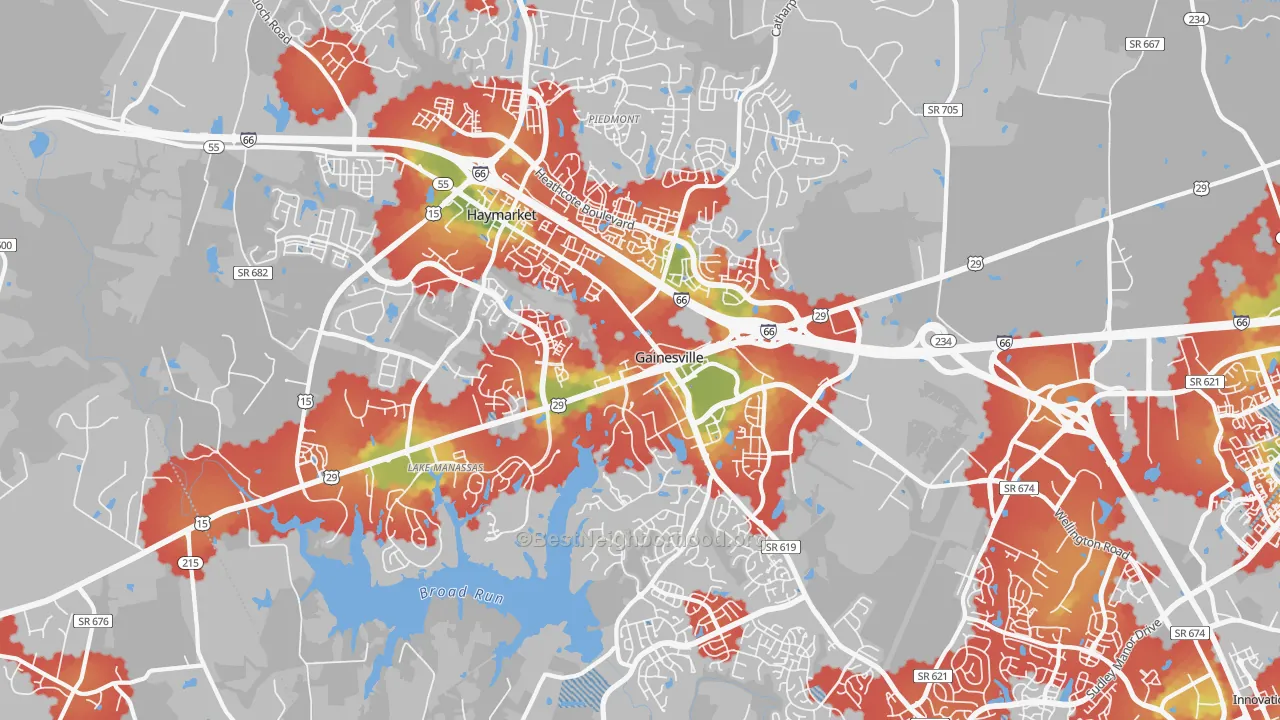 Walk Grade map of 20155, VA, walkable areas in green and car-dependent areas in red