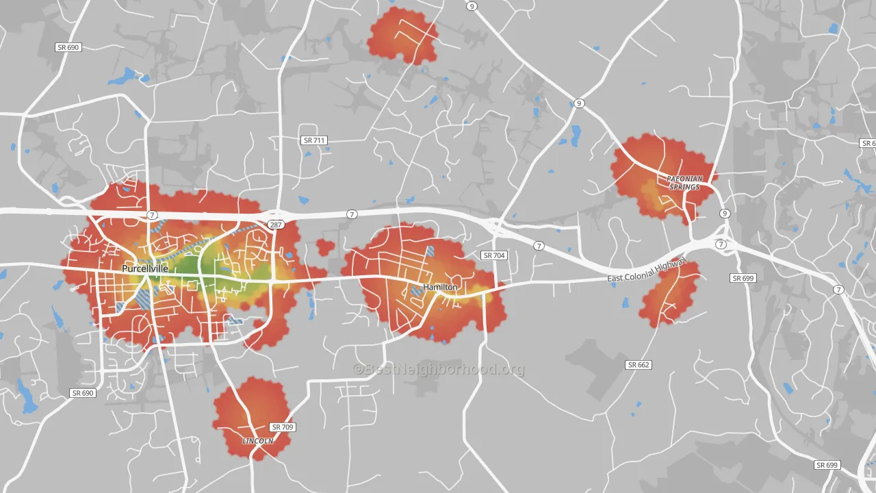 Walk Grade map of 20158, VA, walkable areas in green and car-dependent areas in red