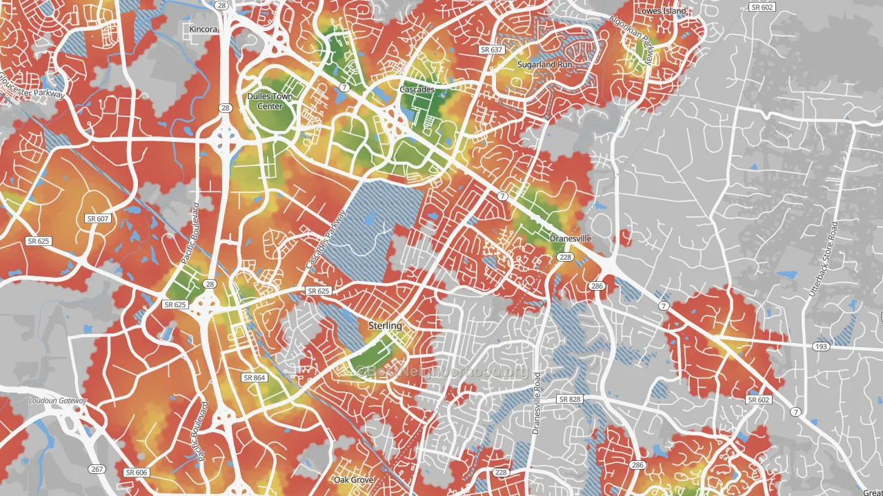 Walk Grade map of 20164, VA, walkable areas in green and car-dependent areas in red