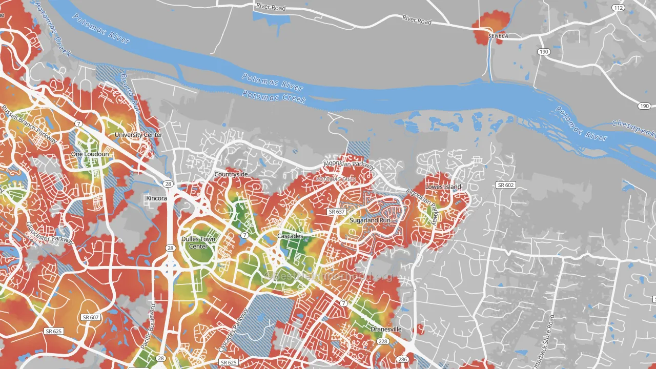 Walk Grade map of 20165, VA, walkable areas in green and car-dependent areas in red