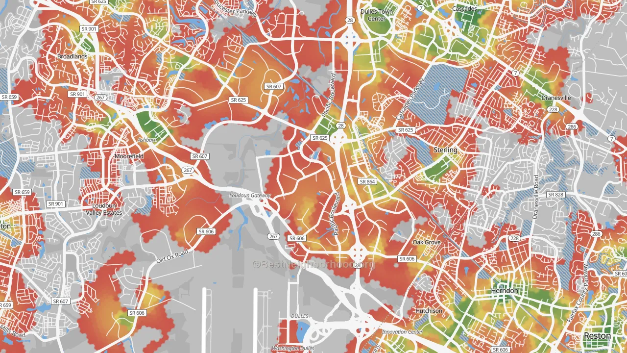 Walk Grade map of 20166, VA, walkable areas in green and car-dependent areas in red