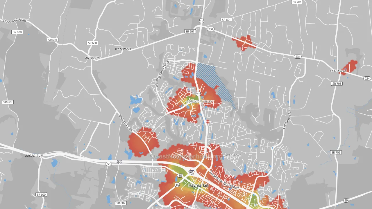 Walk Grade map of 20169, VA, walkable areas in green and car-dependent areas in red