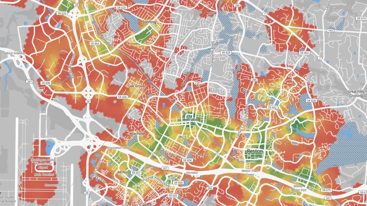 Walk Grade map of 20170, VA, walkable areas in green and car-dependent areas in red