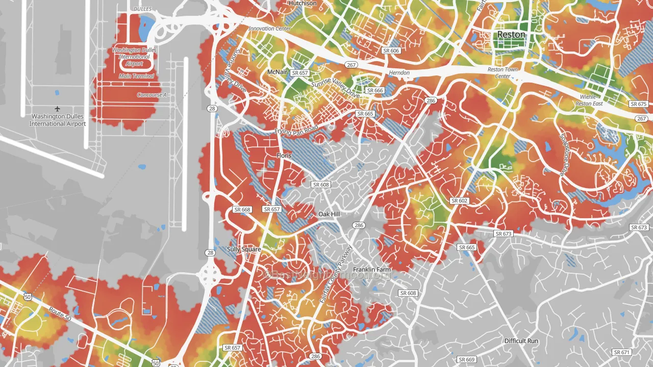 Walk Grade map of 20171, VA, walkable areas in green and car-dependent areas in red