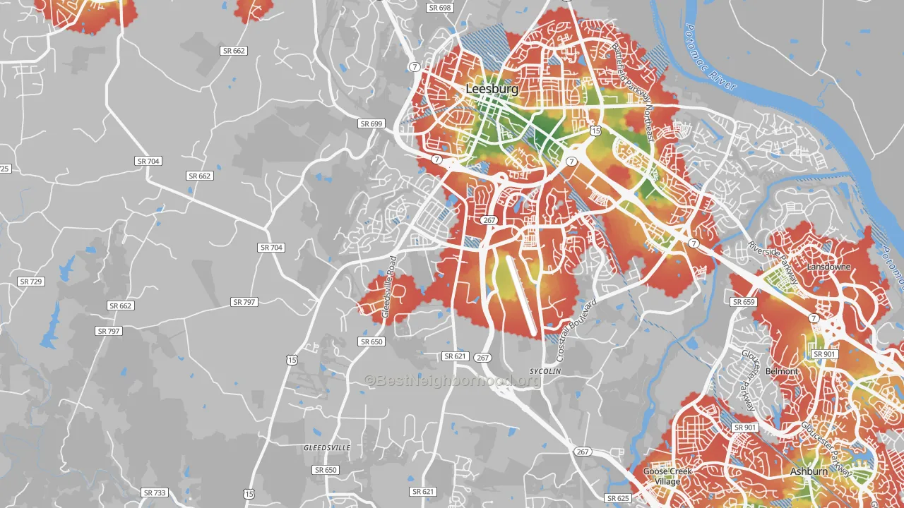Walk Grade map of 20175, VA, walkable areas in green and car-dependent areas in red