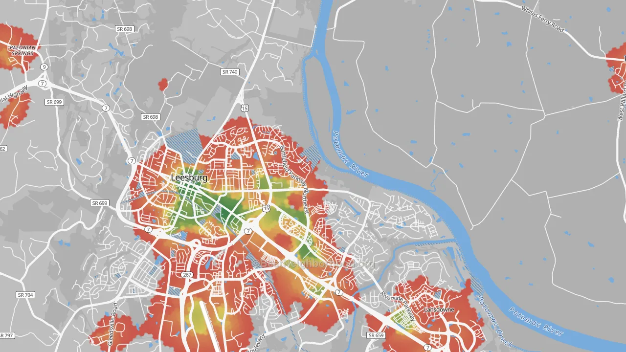 Walk Grade map of 20176, VA, walkable areas in green and car-dependent areas in red