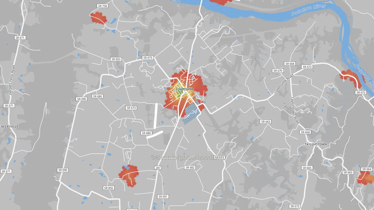 Walk Grade map of 20180, VA, walkable areas in green and car-dependent areas in red