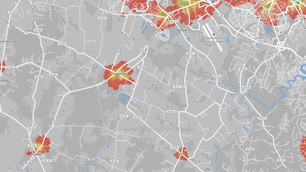 Walk Grade map of 20181, VA, walkable areas in green and car-dependent areas in red