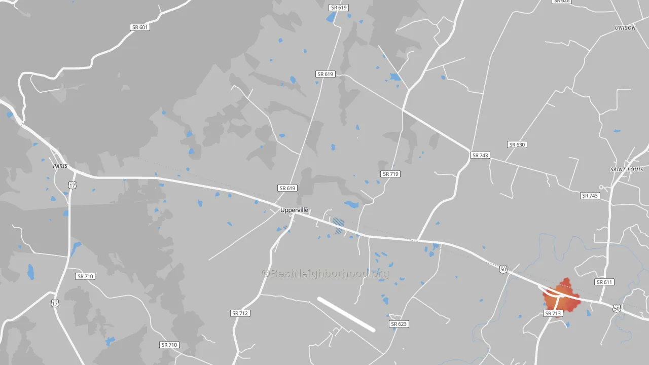 Walk Grade map of 20184, VA, walkable areas in green and car-dependent areas in red