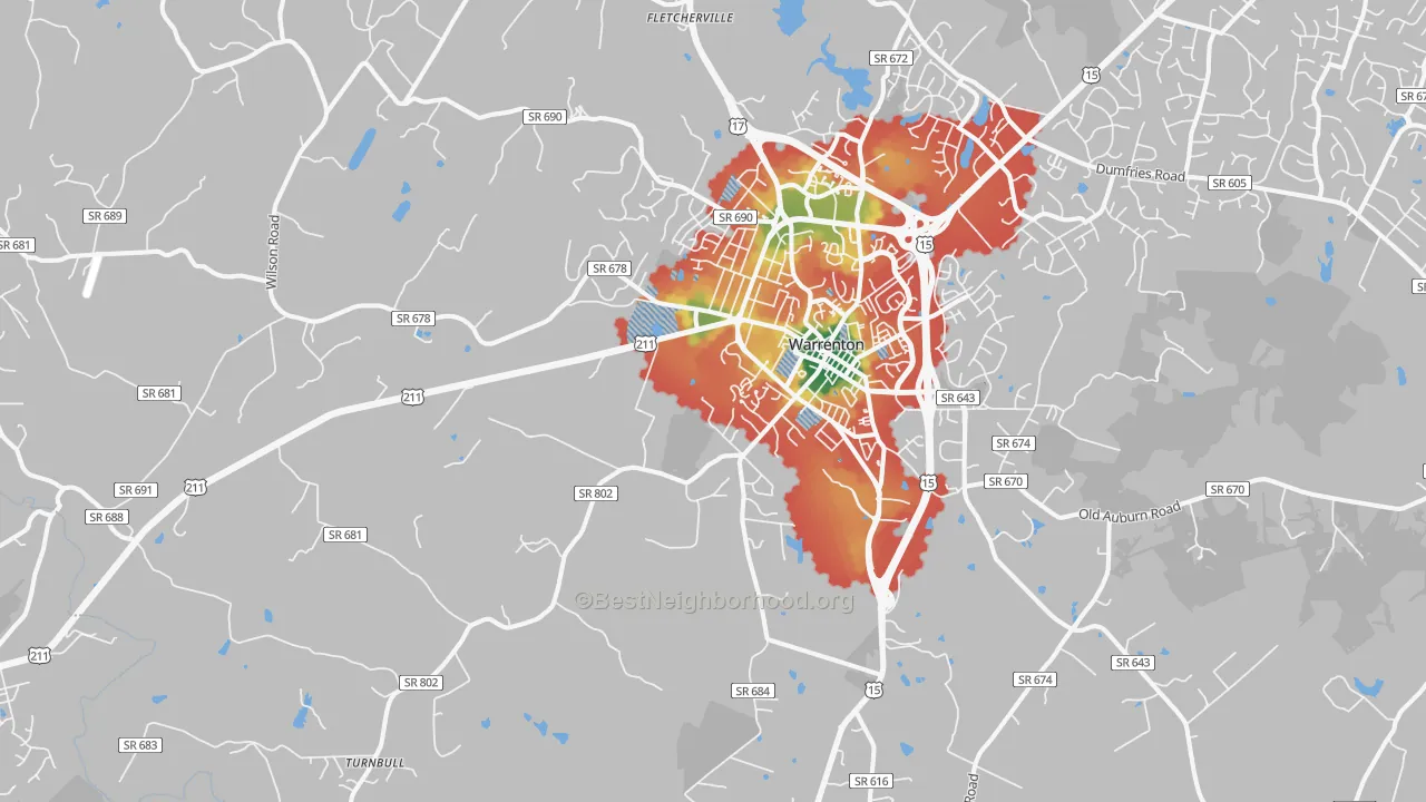 Walk Grade map of 20186, VA, walkable areas in green and car-dependent areas in red