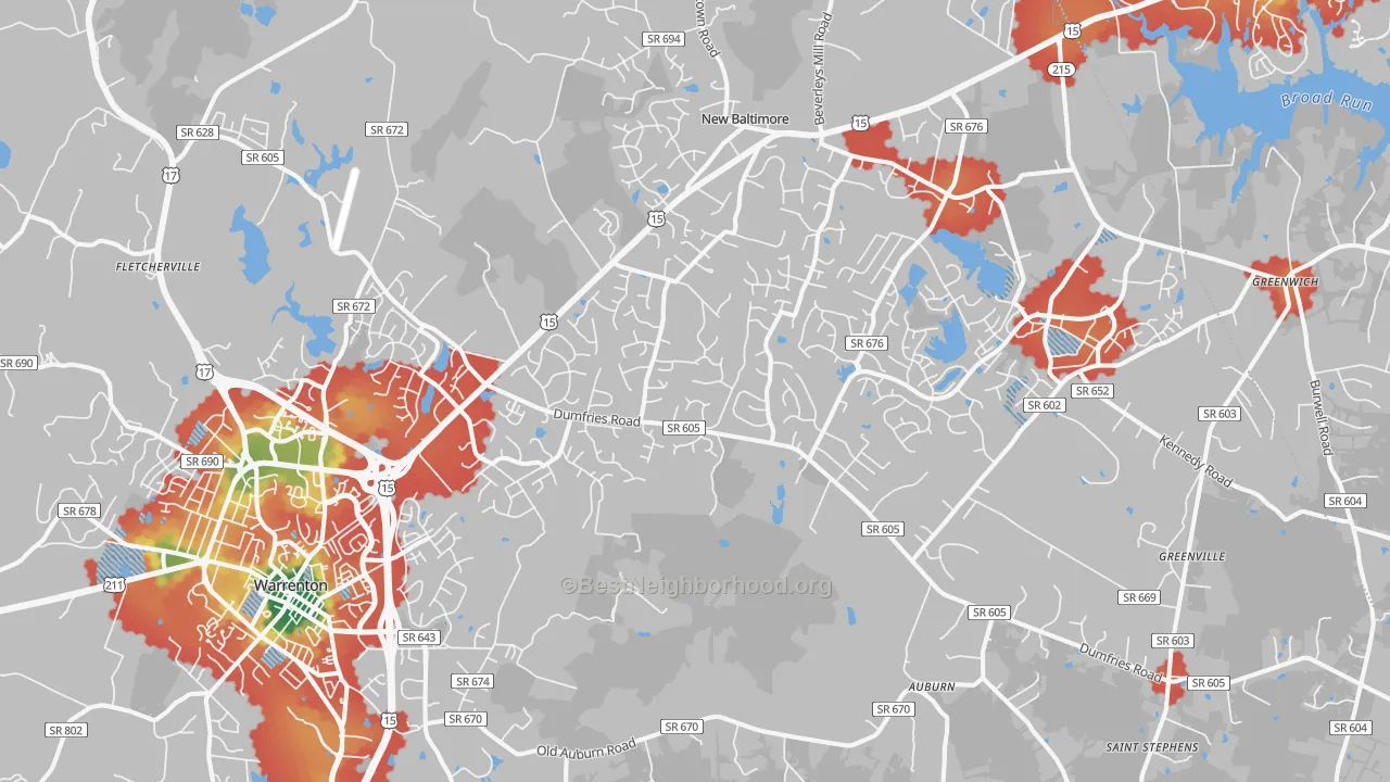 Walk Grade map of 20187, VA, walkable areas in green and car-dependent areas in red