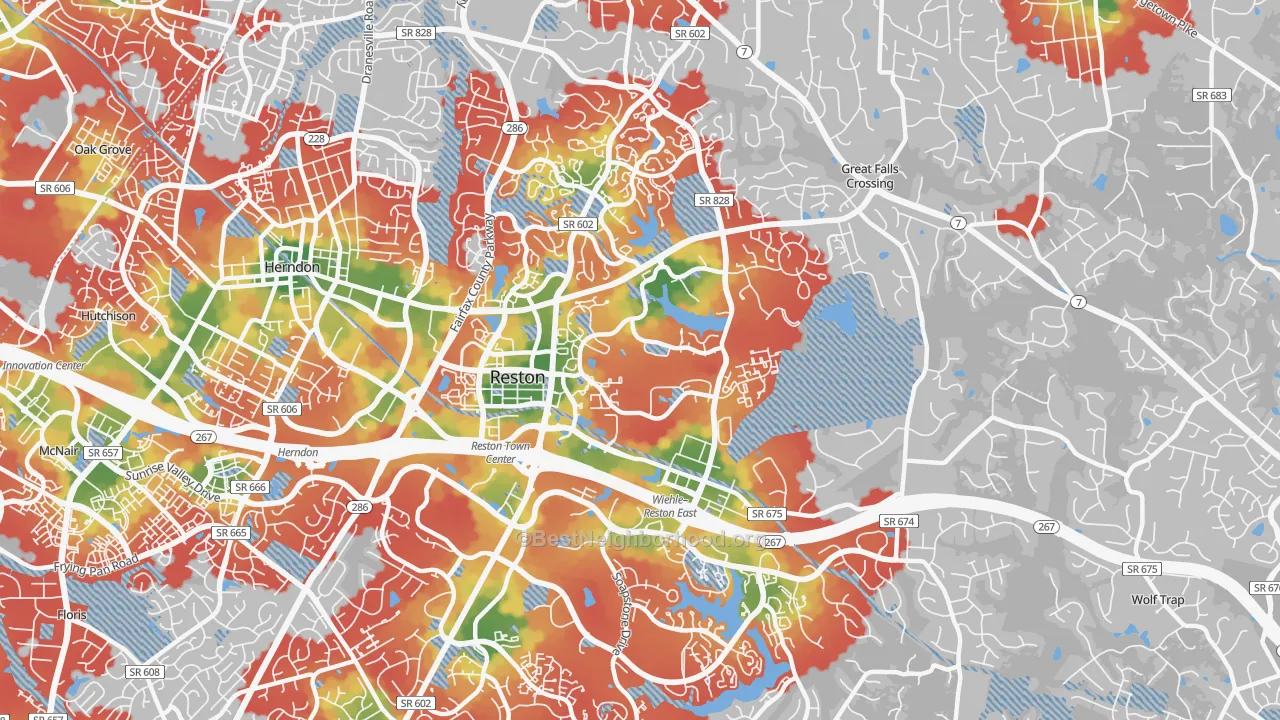Walk Grade map of 20190, VA, walkable areas in green and car-dependent areas in red