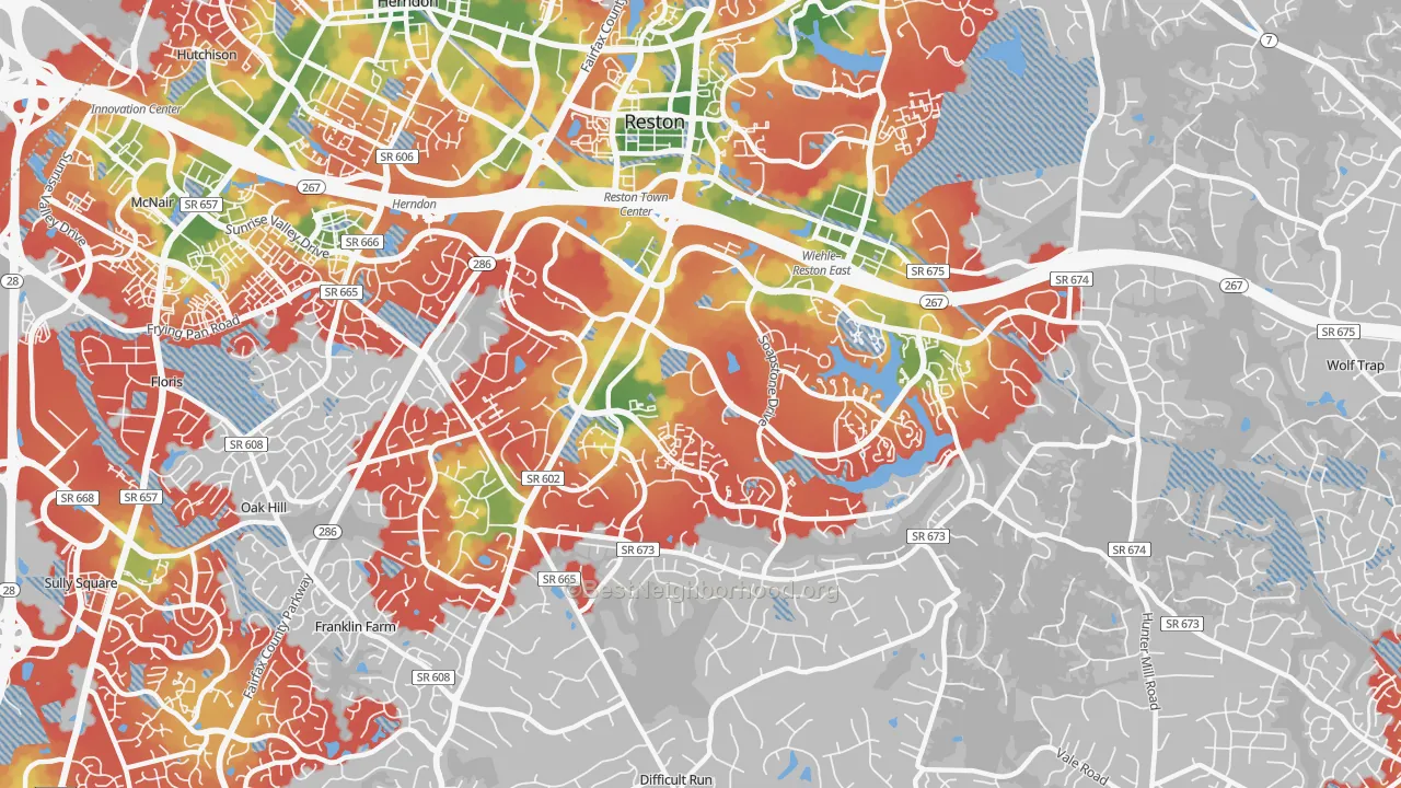 Walk Grade map of 20191, VA, walkable areas in green and car-dependent areas in red