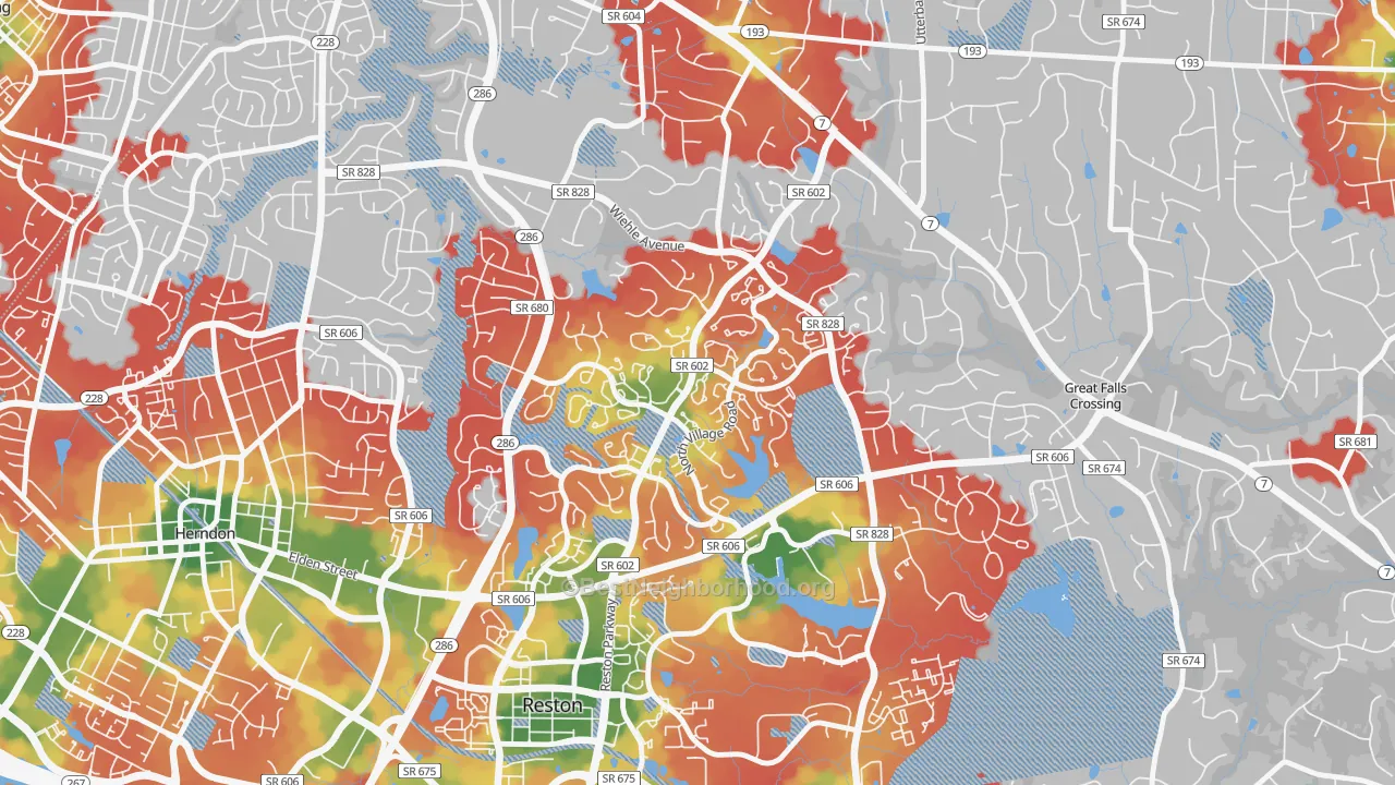 Walk Grade map of 20194, VA, walkable areas in green and car-dependent areas in red
