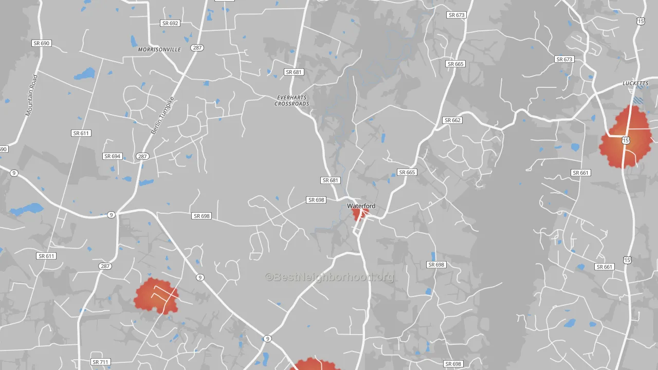Walk Grade map of 20197, VA, walkable areas in green and car-dependent areas in red