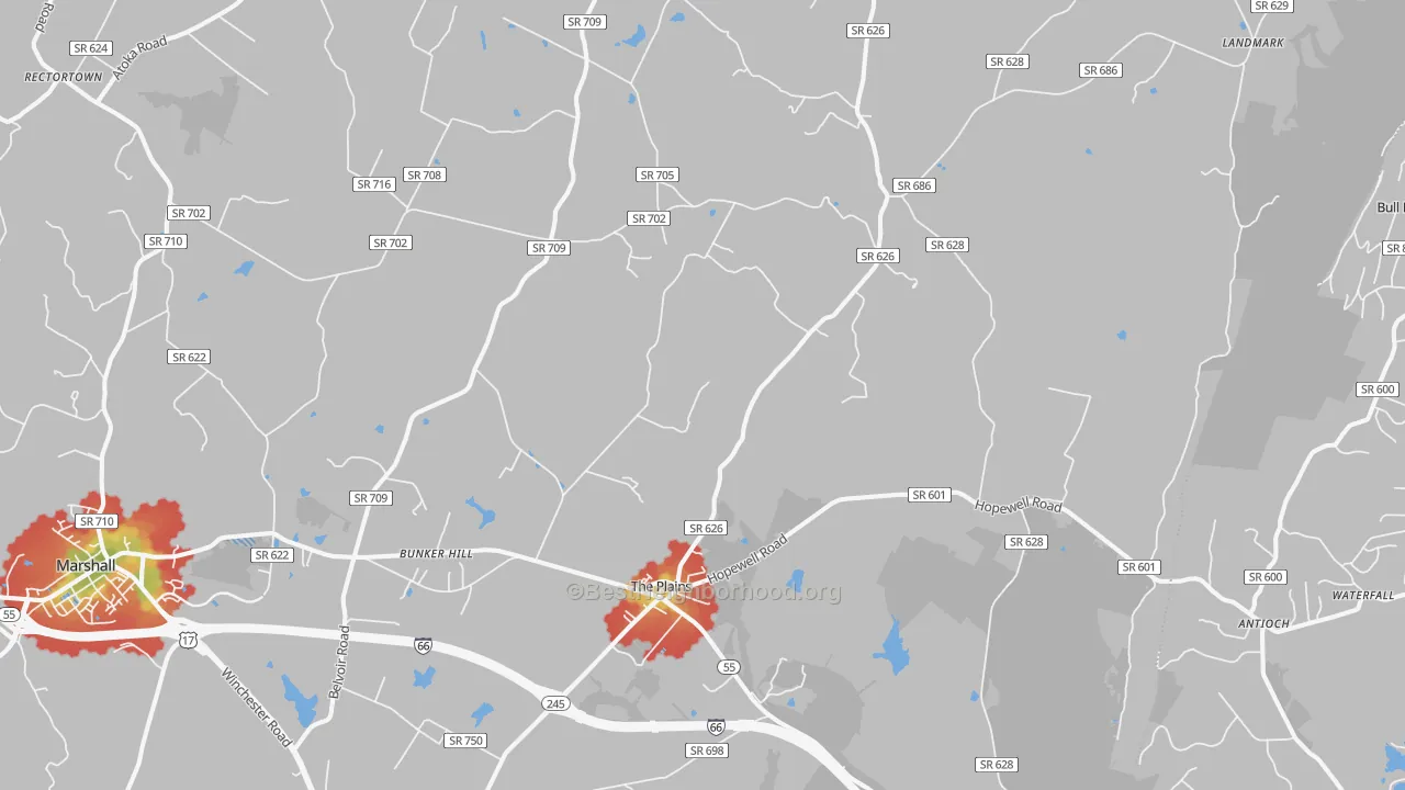 Walk Grade map of 20198, VA, walkable areas in green and car-dependent areas in red