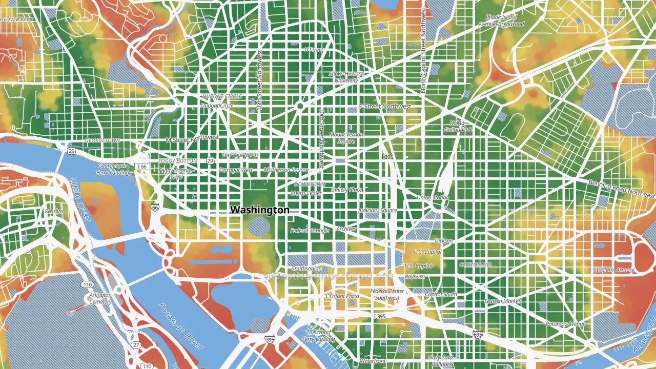 Walk Grade map of 20223, DC, walkable areas in green and car-dependent areas in red