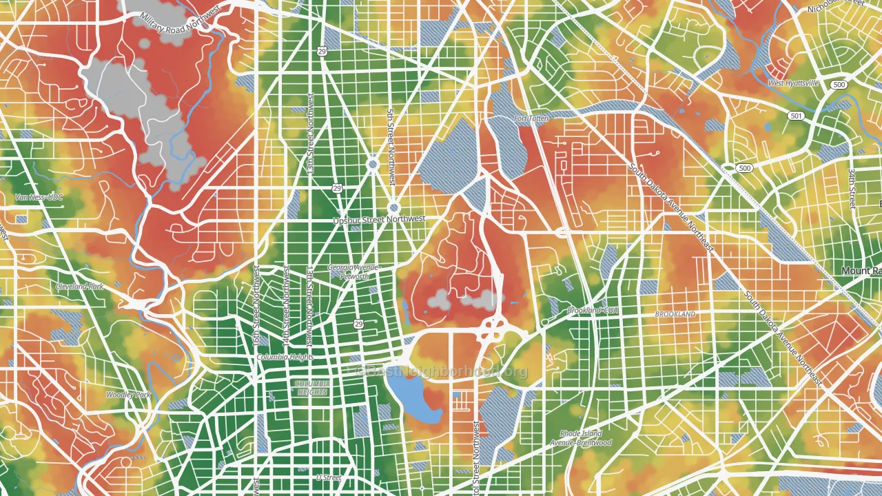 Walk Grade map of 20317, DC, walkable areas in green and car-dependent areas in red