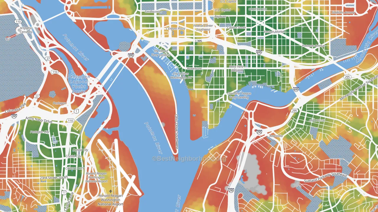 Walk Grade map of 20319, DC, walkable areas in green and car-dependent areas in red