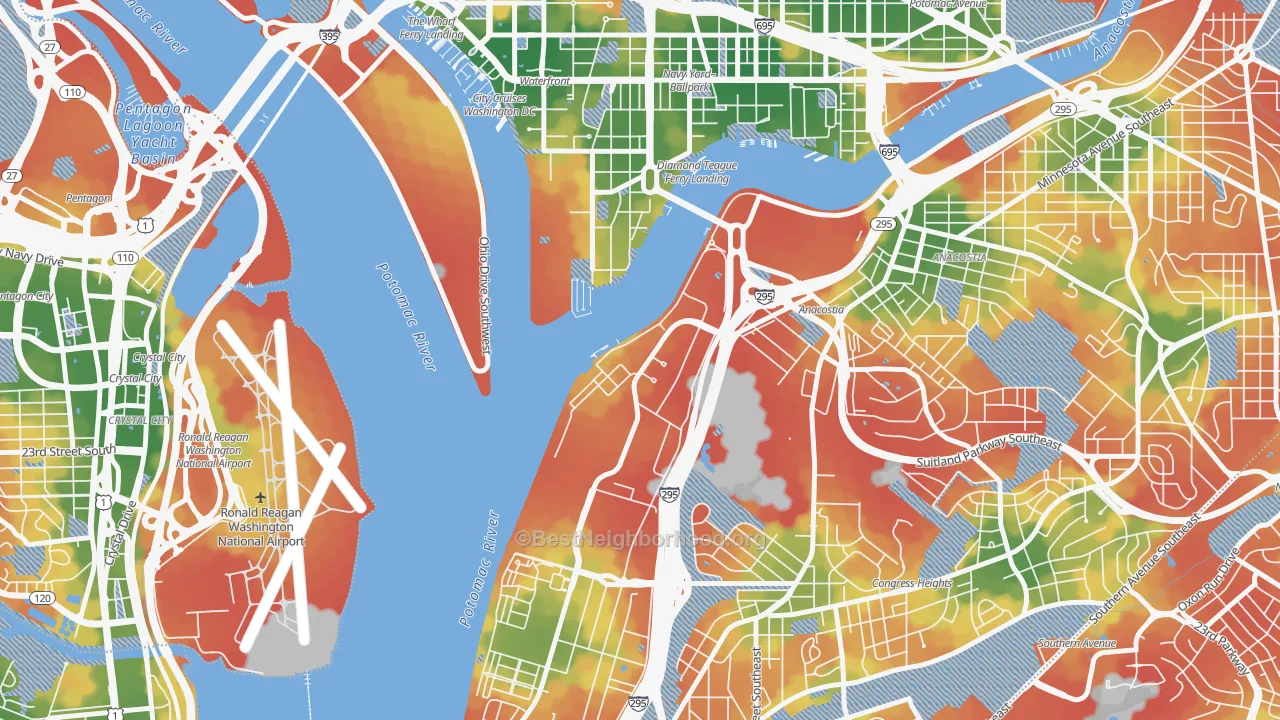 Walk Grade map of 20373, DC, walkable areas in green and car-dependent areas in red