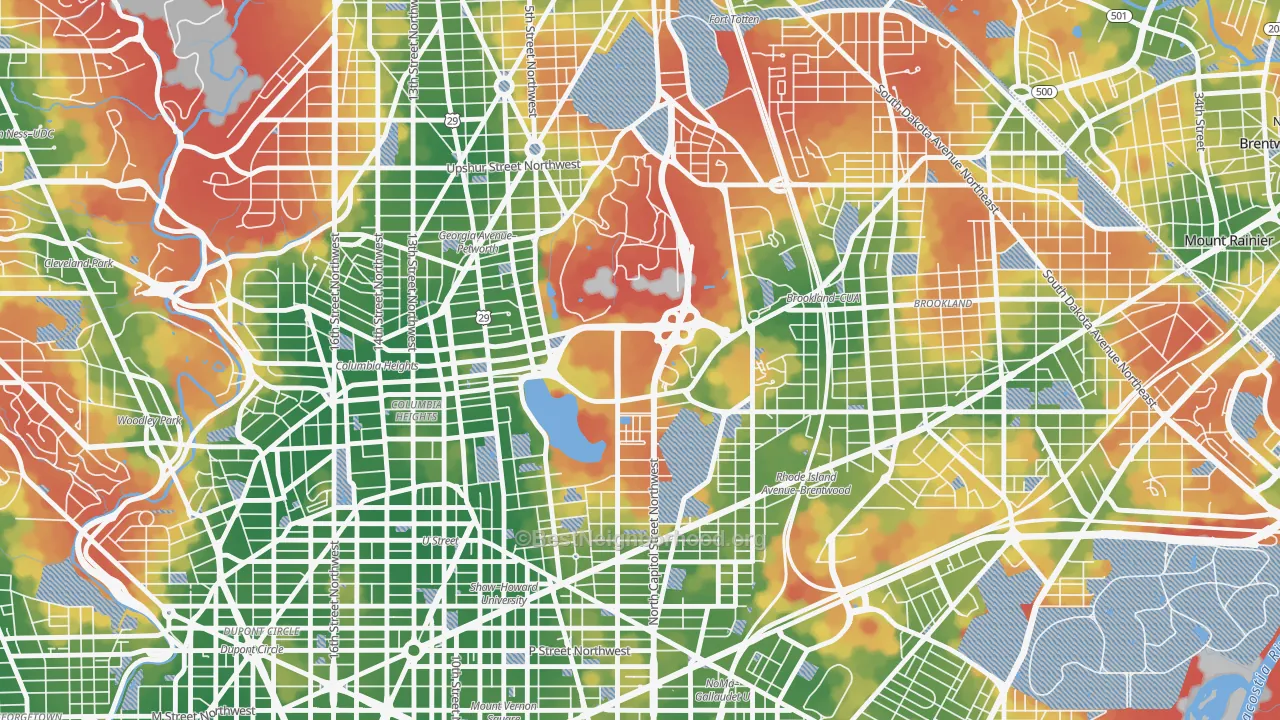 Walk Grade map of 20422, DC, walkable areas in green and car-dependent areas in red