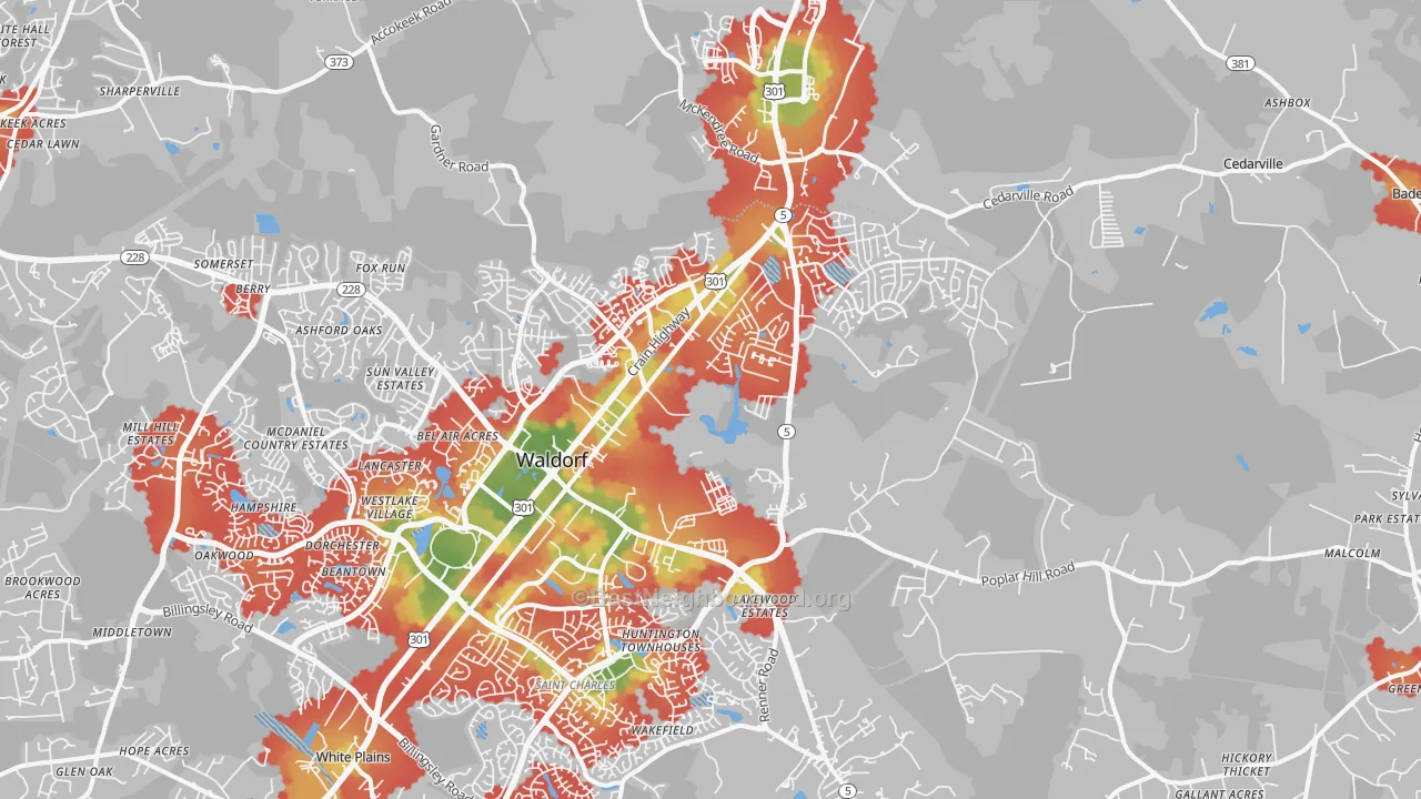 Walk Grade map of 20601, MD, walkable areas in green and car-dependent areas in red