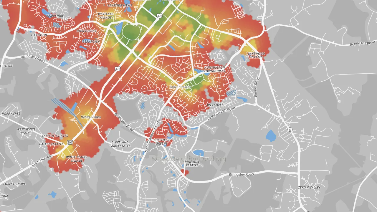 Walk Grade map of 20602, MD, walkable areas in green and car-dependent areas in red