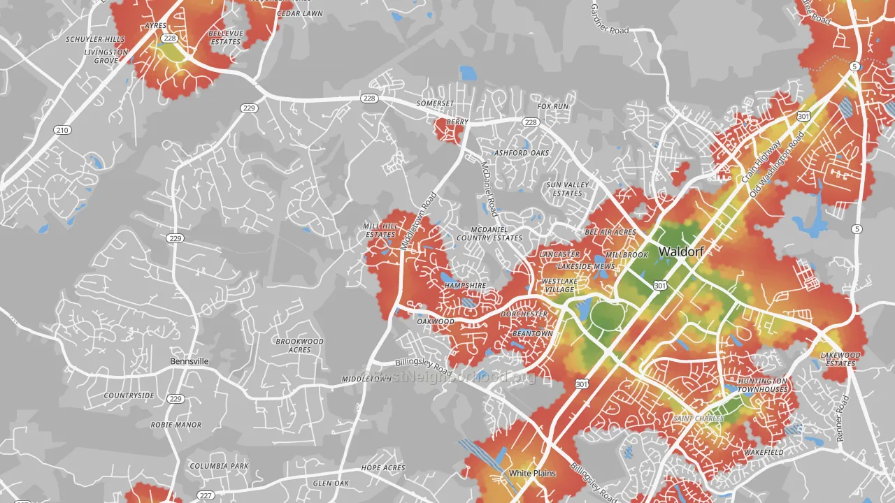 Walk Grade map of 20603, MD, walkable areas in green and car-dependent areas in red