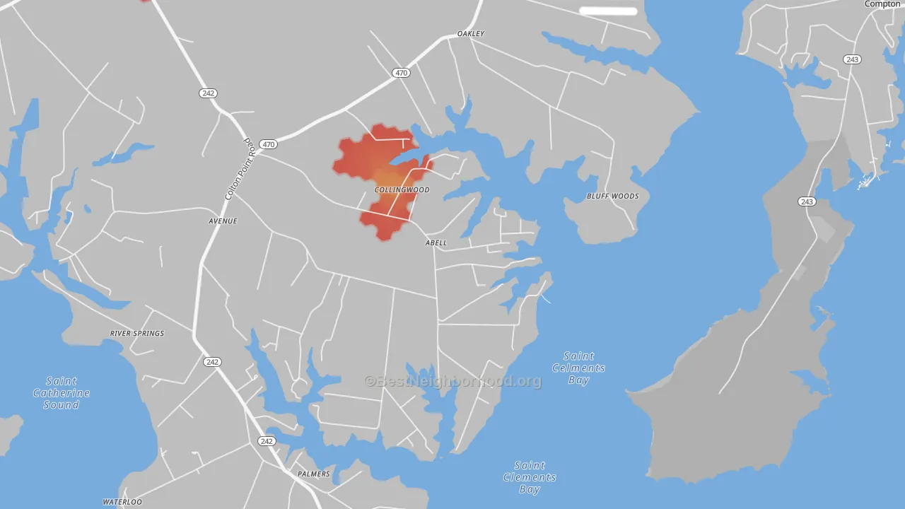 Walk Grade map of 20606, MD, walkable areas in green and car-dependent areas in red