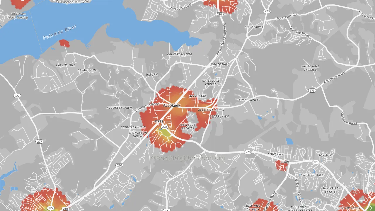 Walk Grade map of 20607, MD, walkable areas in green and car-dependent areas in red