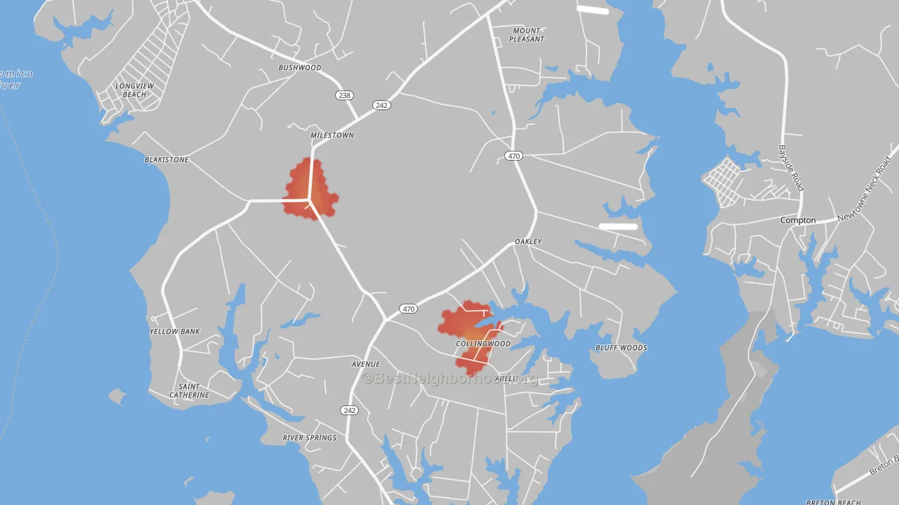Walk Grade map of 20609, MD, walkable areas in green and car-dependent areas in red