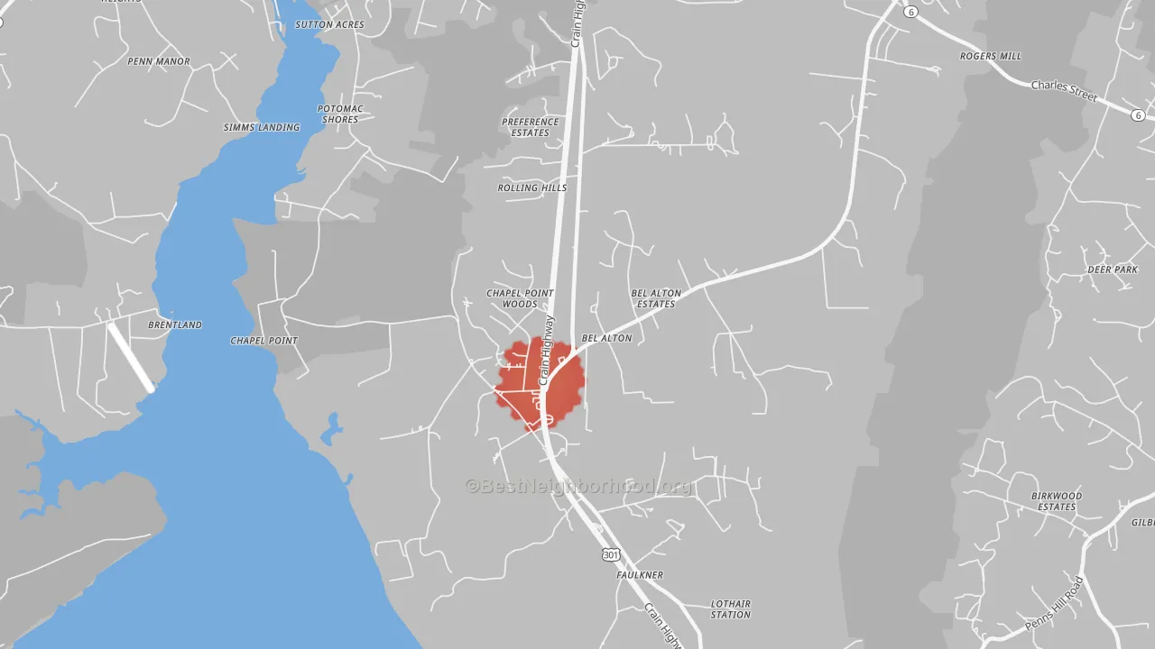 Walk Grade map of 20611, MD, walkable areas in green and car-dependent areas in red