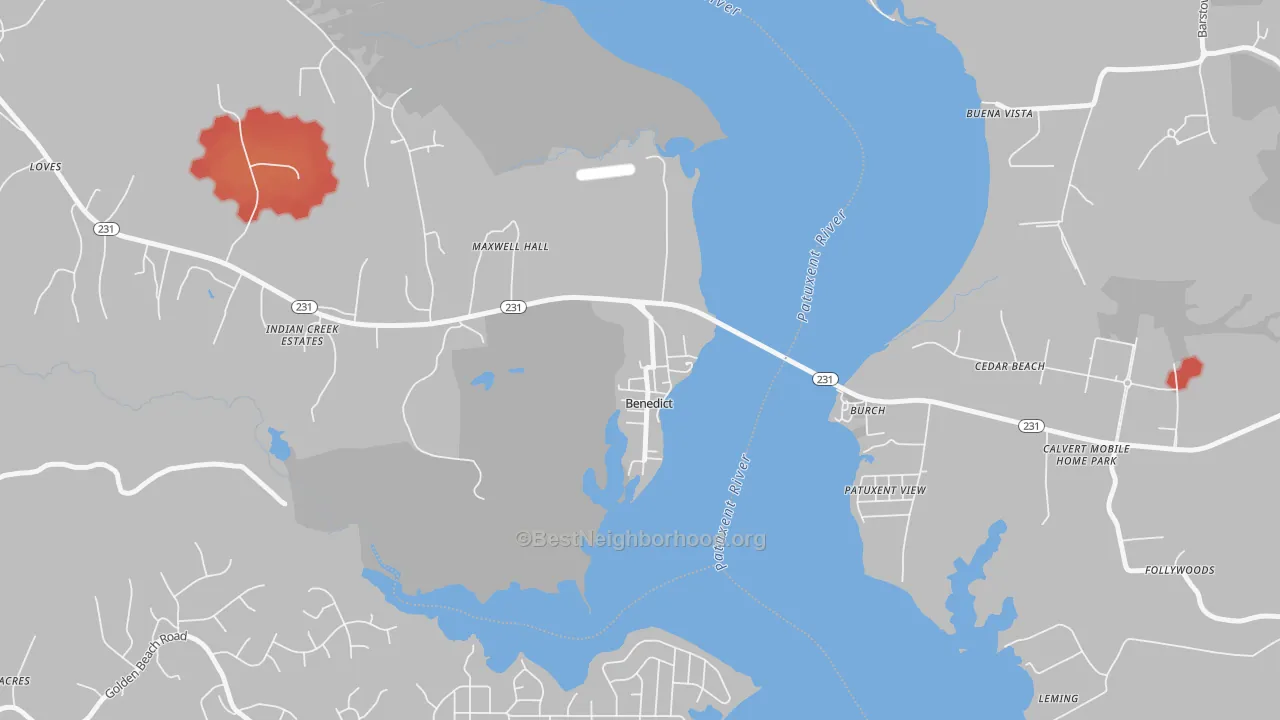 Walk Grade map of 20612, MD, walkable areas in green and car-dependent areas in red